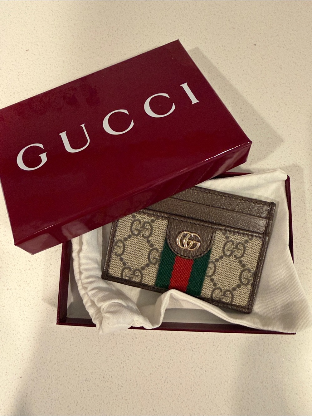 Gucci Beige GG Canvas Card Holder with Green and Red Stripe
